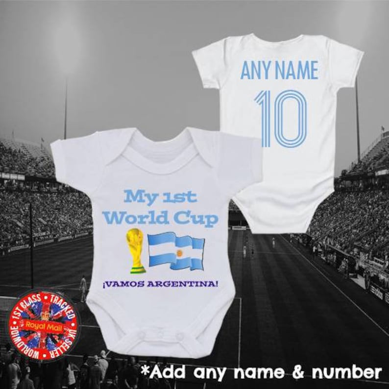 Argentina My 1st World Cup Football Personalised Babygrow Bodysuit Romper Soccer Boys Girls image 1