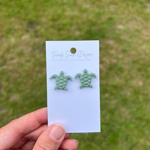 Green Turtle Studs, Beach Themed Clay Earrings, Summer Earrings, Polymer Clay Studs