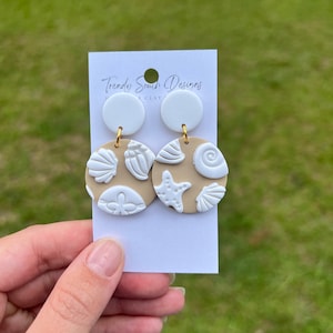 Sandy Shell Circle Dangles, Beach Themed Clay Earrings, Summer Earrings, Polymer Clay Shells