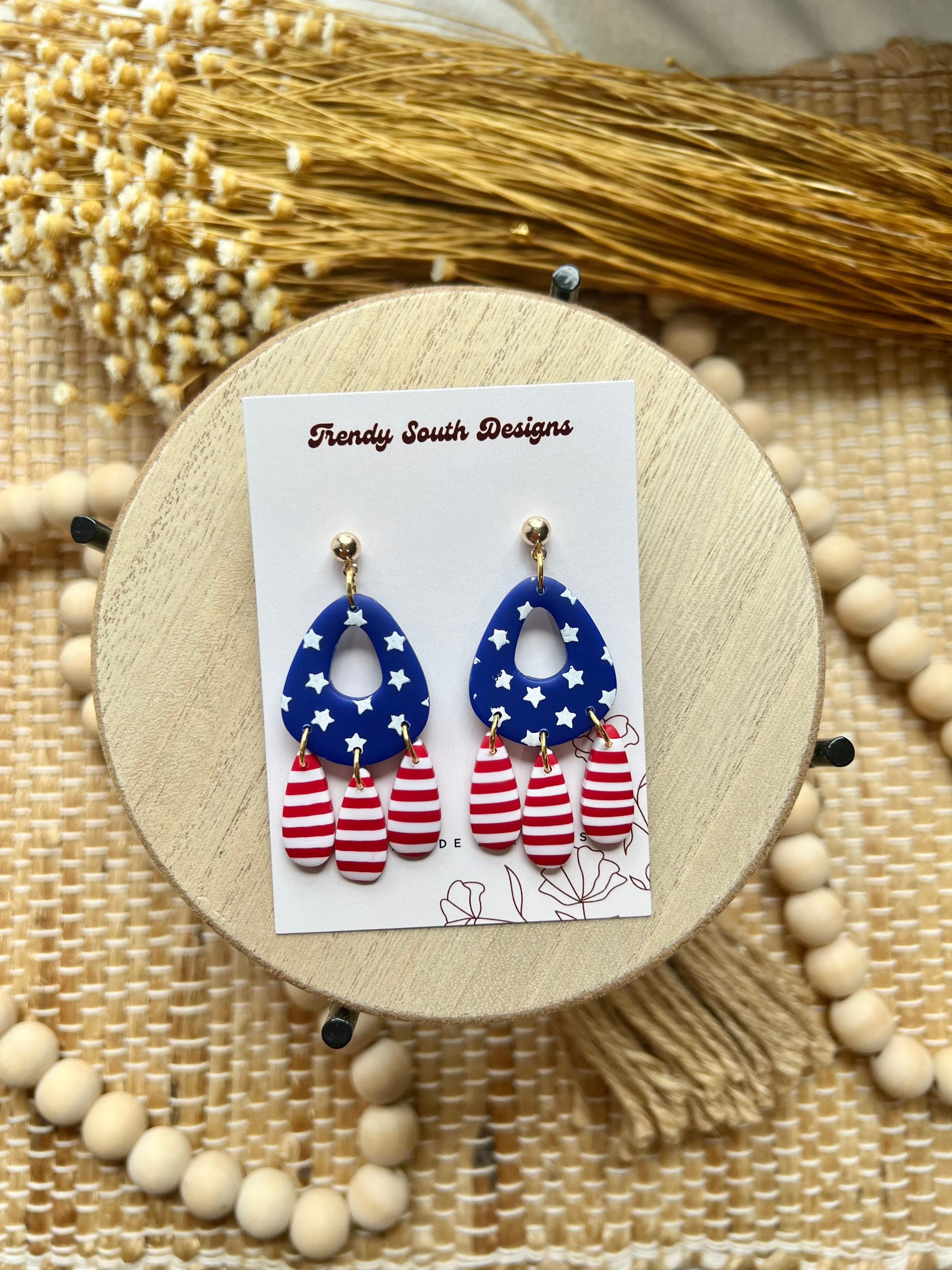 Patriotic 4th of July Clay Earrings Red White and Blue Earrings
