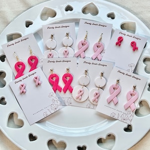 Breast Cancer Awareness Ribbon Earrings, Clay Cancer Ribbon Earrings, Pink Ribbon Earrings, Clay Earrings, Polymer Clay Jewelry, October