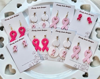 Breast Cancer Awareness Ribbon Earrings, Clay Cancer Ribbon Earrings, Pink Ribbon Earrings, Clay Earrings, Polymer Clay Jewelry, October
