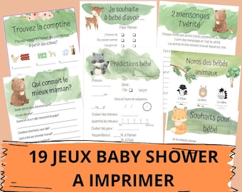 19 gier na baby shower (FR) do druku - Przepowiednie dotyczące dziecka w języku francuskim - Ujawnienie płci - Quiz - Karta przewidywania dziecka - Ogłoszenie płci