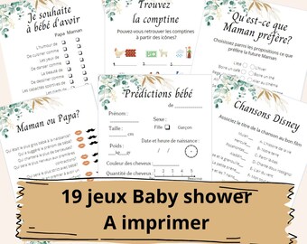 19 Jeux Baby shower (FR) à imprimer  - Prédictions bébé en français- Gender reveal- Quizz- Carte pronostic bébé - Annonce sexe