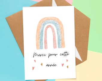 Carte remerciement - Merci pour cette année - Merci maîtresse - Merci nounou - Merci Atsem - Cadeau crèche - cadeau fin d'année scolaire