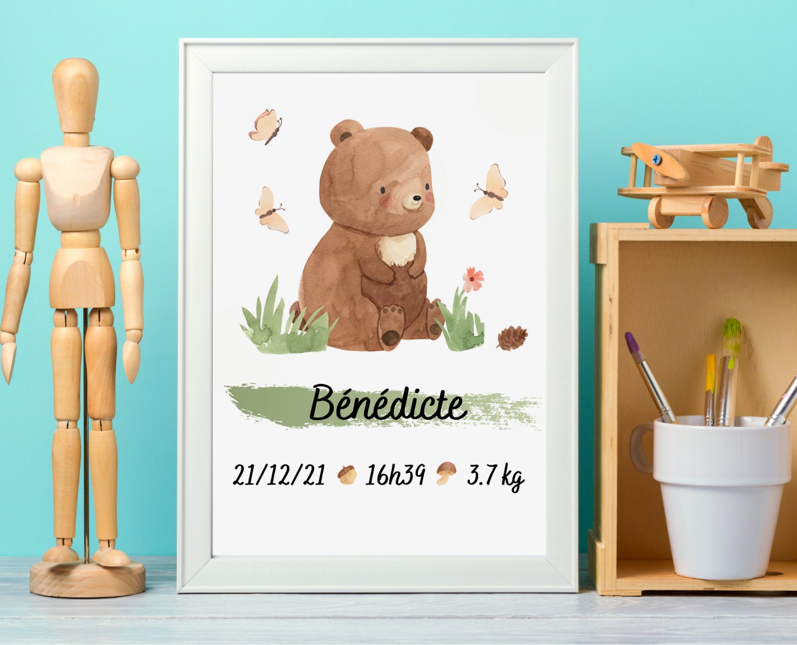 Affiche Personnalisée Naissance - Bébé Nouveau Né Style Aquarelle Animaux