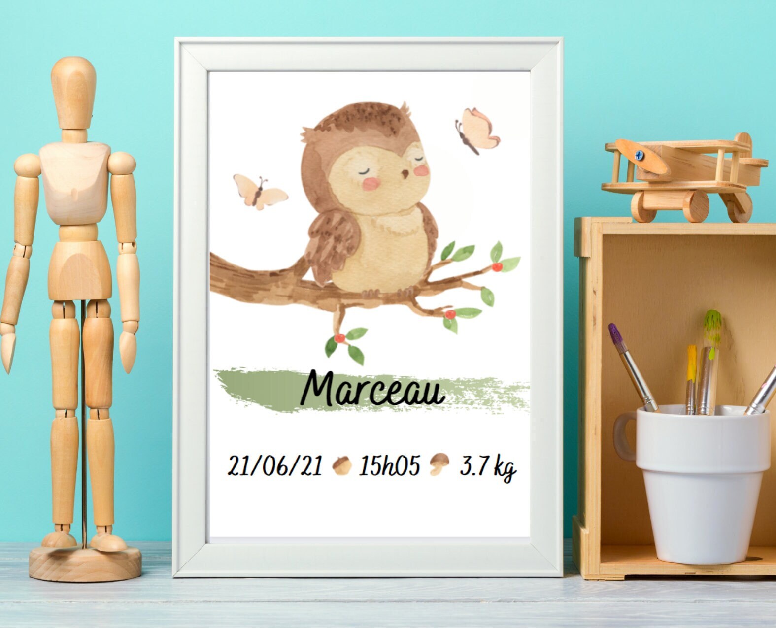 Affiche Personnalisée Naissance - Bébé Nouveau Né Style Aquarelle Animaux