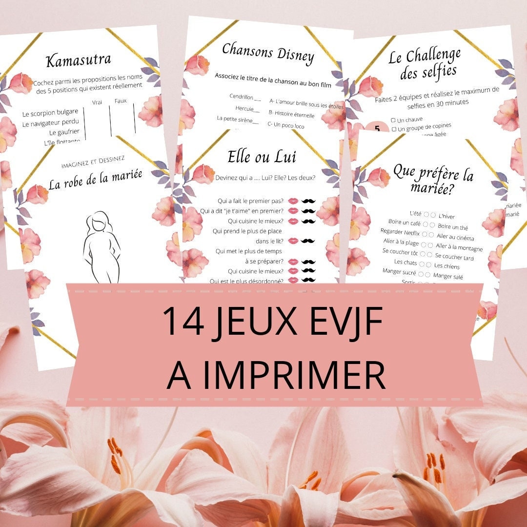 14 Jeux enterrement de vie de jeune fille à imprimer EVJF Bridal shower