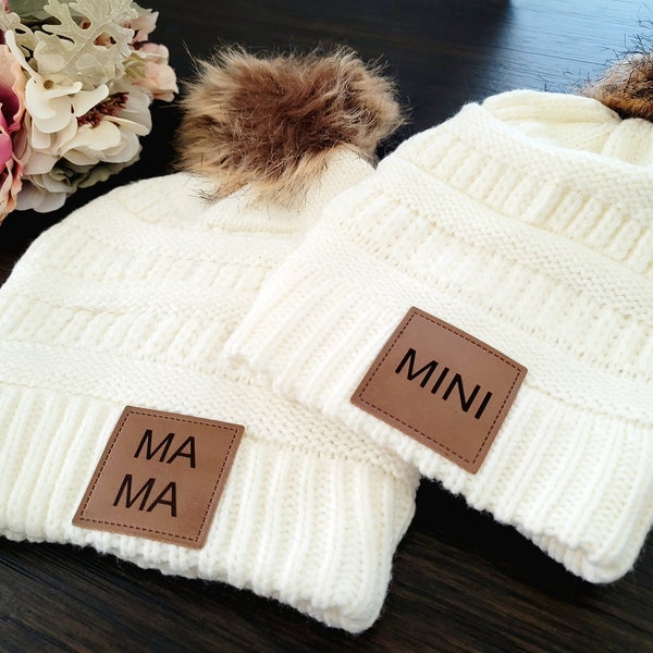 Mama and Mini beanie set - Adult and youth beanies - Mother Daughter Matching Beanie Gift - Pom Pom Beanie hat for mom and daughter