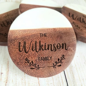 Personalized Coasters - Set of 4 Coasters - Marble & Wood Coasters - Custom Wood Coasters - Custom Marble Coasters - Engraved Coaster Set