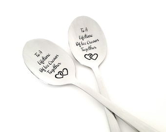 To A Lifetime of Ice Cream Together Spoon Set - Anniversary Gift for Couples - Connected Hearts Spoons/Wedding Gifts under 50 - Wedding Gift