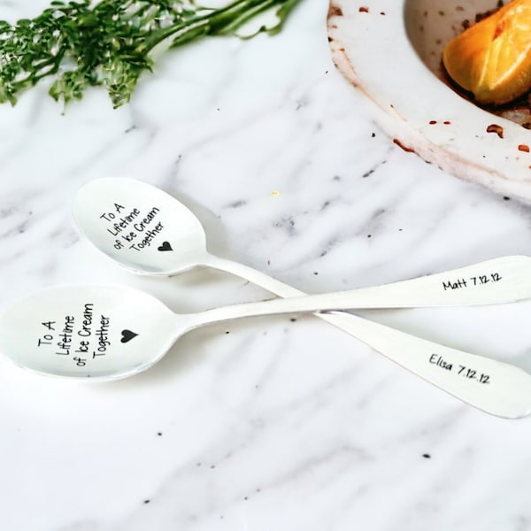 Regalo personalizado para amantes del helado - Cucharas de regalo para una pareja - Cucharas de acero para el 11.º aniversario - Regalo de aniversario para parejas - Juego de cucharas para helado
