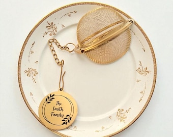 Personalized Tea Ball Infuser with Custom Engraved Charm | Gold Tone Loose Leaf Tea Strainer | Custom Logo Option | Gift for Tea Lovers
