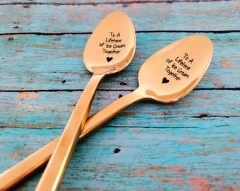 Gold Ice Cream Lovers Gift - Yellow Gold Couples Spoons - Gold Spoon set - Anniversary Spoons - To a Lifetime of Ice Cream Together Gift