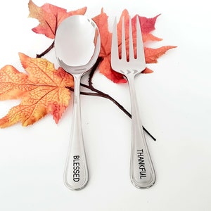 Blessed Thanksgiving Spoon Set - Grateful Holiday Flatware - Thankful Kitchen Utensils - Thanksgiving Host - Engraved Spoon and Fork Set