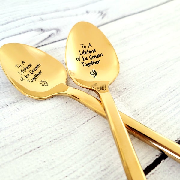 Gold Ice Cream Lovers Gift - Yellow Gold Couples Spoons - Gold Spoon set - Anniversary Spoons - To a Lifetime of Ice Cream Together Gift