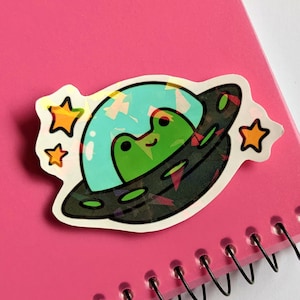 Holographic UFO Frog Sticker, Holographic Shatter Sticker, Waterproof Sticker, Kawaii Frog Sticker for Laptop, Water Bottle, Car, or Journal