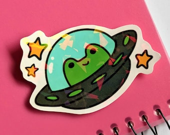 Autocollant grenouille OVNI holographique, autocollant holographique à effet brise-vite, autocollant imperméable, autocollant grenouille kawaii pour ordinateur portable, bouteille d'eau, voiture ou journal