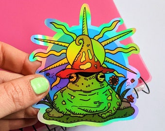 Pegatina de vinilo de rana psicodélica holográfica / Opción impermeable / Pegatina de rana Trippy para botella de agua, automóvil, planificador o computadora portátil / Regalo de rana