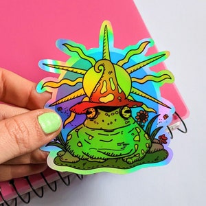 Autocollant holographique en vinyle psychédélique grenouille | Option étanche | Sticker grenouille trippy pour bouteille d'eau, voiture, agenda ou ordinateur portable | Cadeau grenouille