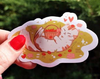 Cute Cat with Strawberry Basket Vinyl Sticker, Cat Sticker, Waterproof Sticke, Cat Lover Gift, Cute Sticker, Cottagecore Sticker