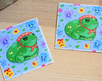 Babushka Frog Mini Art Print | 3.7" x 3.7" | Cottagecore Art Print, Frog Artwork