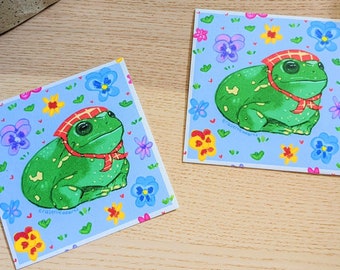 Babushka Frog Art Print: Cottagecore Whimsical Artwork (3.7" x 3.7")