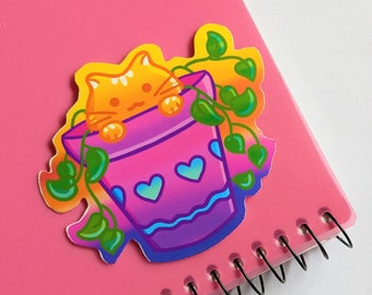 Flowerpot Cat Vinyl Sticker, Waterproof Sticker, Cute Cat Sticker for Laptop, Water Bottle, Car, or Journal | Cat Lover Gift