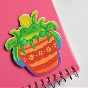 Flowerpot Frog Sticker Vinyl, Waterproof Sticker, Cute Frog Sticker for Laptop, Water Bottle, Car, or Journal, Gift for Frog Lovers