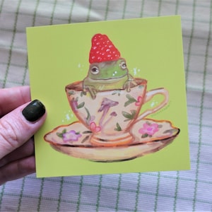 Teacup Frog Mini Art Print | 3.7" x 3.7" | Maximalist, Cottagecore, Whimsical, Fantasy, Wall Art, Painting, Colorful, Cute, Kawaii, Decor
