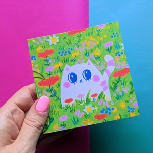 Cat in a Field of Flowers Mini Art Print | 3.7&quot; x 3.7&quot; | Cottagecore Art Print, Cat Art Print, Kawaii Art Print, Cute Wall Art