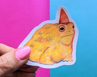 Frog in Party Hat Vinyl Sticker, Waterproof Option, Cute Frog Sticker, Realistic Frog Sticker, Chubby Frog Sticker, Frogs in Hats, Frog Gift