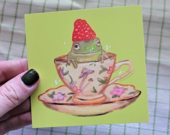 Teacup Frog Art Print: Cottagecore Whimsical Decor (3.7" x 3.7")