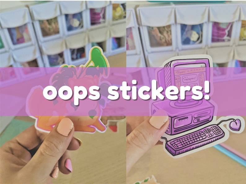 May include: Two colourful stickers, one featuring a cartoon character with a pink and green tropical plant and the other a purple computer with a monitor displaying the text "oops!" and a purple keyboard and mouse.