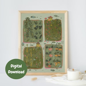 Frösche im Garten Kunstdruck | Digitaler Download | Skurrile Wand Kunstdruck | Druckbare Wandkunst