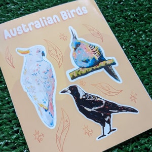May include: A sheet of stickers featuring illustrations of Australian birds. The stickers are on a light orange background with brown outlines. The birds include a white cockatoo, a blue and green budgie, and a black and white magpie.