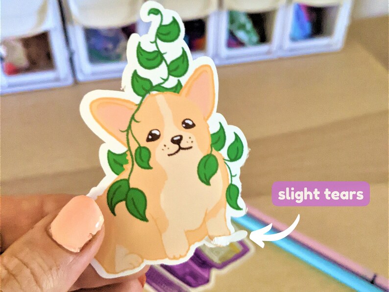 May include: A sticker of a cartoon corgi with green vines growing around it. The sticker has slight tears on the bottom edge.