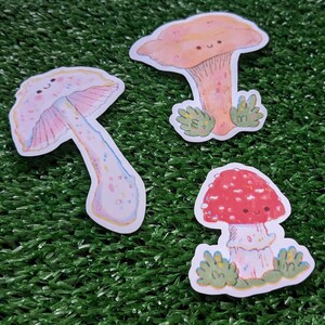 Peut inclure: Trois autocollants de champignons de dessin anim&eacute; avec des visages heureux. Les champignons sont roses avec des points blancs, orange avec des points blancs et rouges avec des points blancs. Les autocollants sont sur un fond vert.