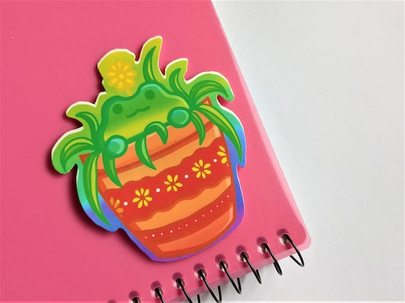Flowerpot Frog Sticker Vinyl, Waterproof Sticker, Cute Frog Sticker for Laptop, Water Bottle, Car, or Journal, Gift for Frog Lovers