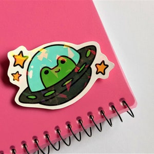 Holografische sticker ufo-kikker, sticker holografische verbrijzeling, waterdichte sticker, kawaii kikker sticker voor laptop, waterfles, auto of dagboek