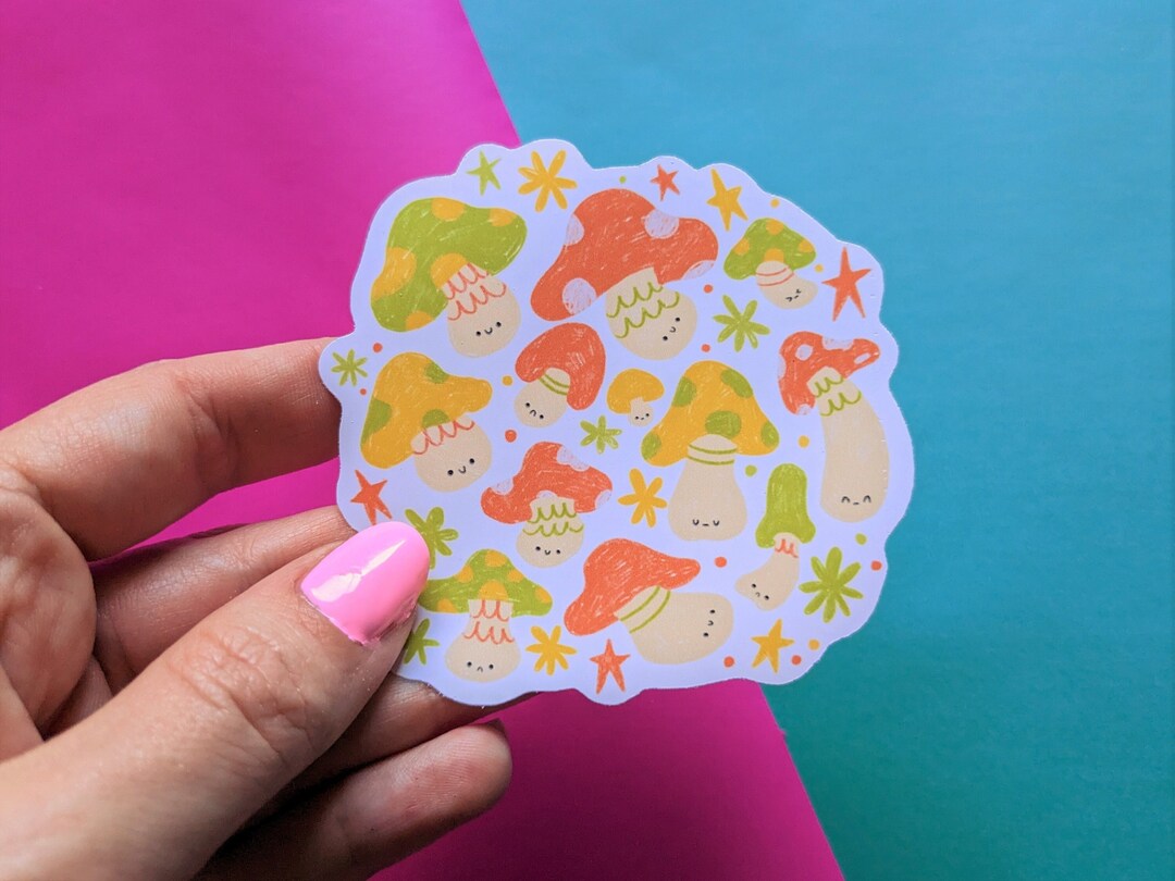 Kawaii Mushrooms Vinyl Sticker, Waterproof Option, Cute Mushroom Sticker for Water Bottle or