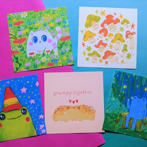 Grillige minikunstprintset | Set van 5 minikunstafdrukken | 3,7&quot; x 3,7&quot; | Kikkerprint, grillige muurkunst, schattige kunstprints, schattige muurkunst