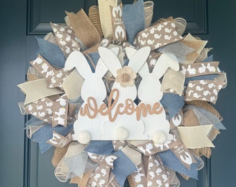 Deco Mesh Easter Bunny Wreath, Spring Welcome Wreath