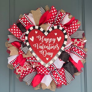 Farmhouse Valentines Wreaths for Front Door, Valentines Day Gift, Lambs Ear  Wreath, Red and White Buffalo Plaid Check Wreath 