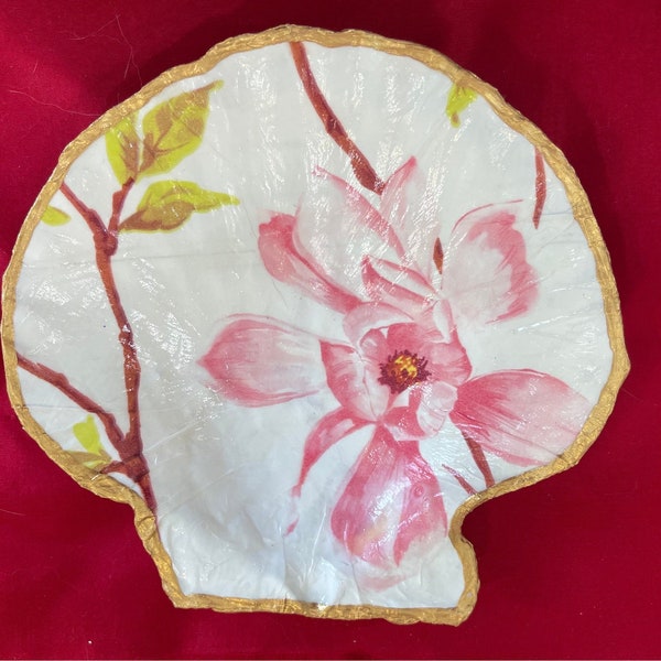 EXTRA LARGE Pink Magnolia on White Decoupage Oyster Shell Trinket Tray/ Ring Dish/ Jewelry Tray/ Home Decor/ Unique Gift/ Birthday Gift