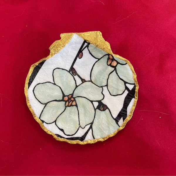Medium Magnolia Decoupage Ocean Shell Trinket Dish/ Jewelry tray/ Ring holder/ Home Decor/ Birthday Gift