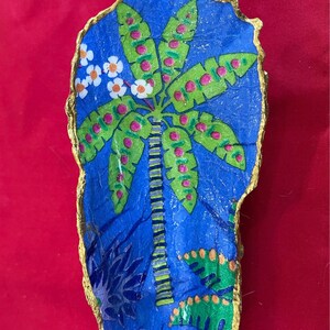 Grande palmeira em azul decoupage bandeja de berloque de concha de ostra/prato de anel/bandeja de joias/decoração de casa/presente exclusivo/presente de aniversário