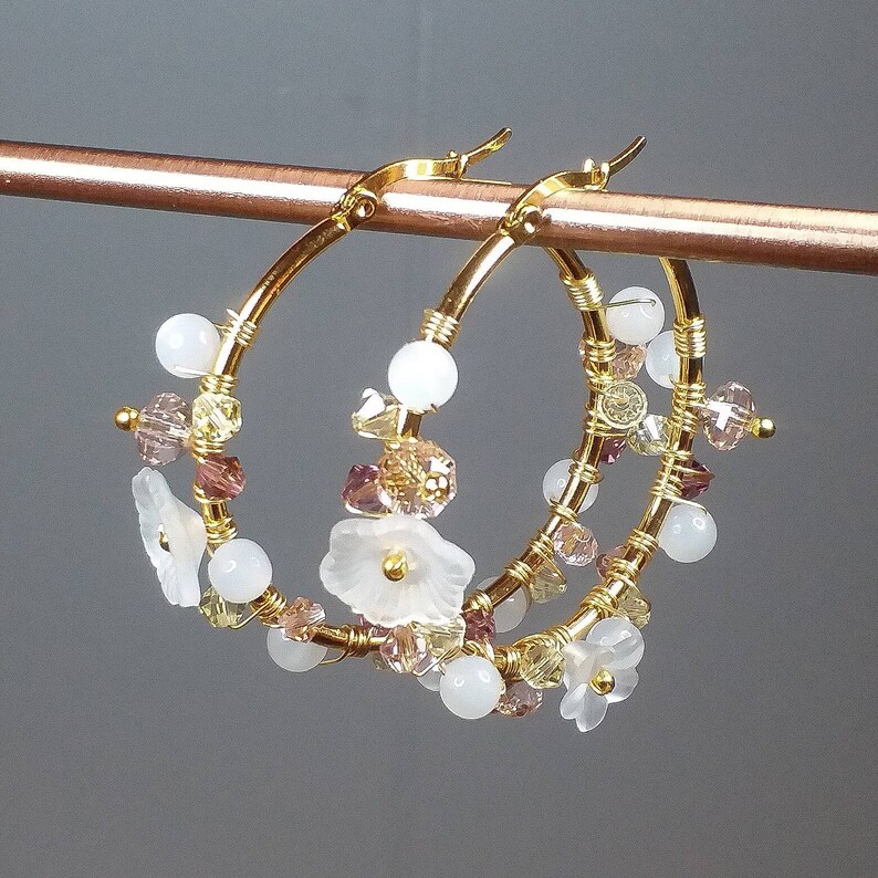 Flower Hoop Earrings with Imitation Austrian Crystals Floral Etsy