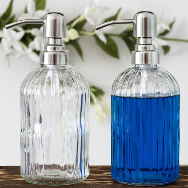 Soap Dispenser | Glass Fluted Soap Dispenser Bottle | Stainless Steel Pump | Dish Soap, Hand Soap, Kitchen Soap, Hand lotion, Bathroom Soap