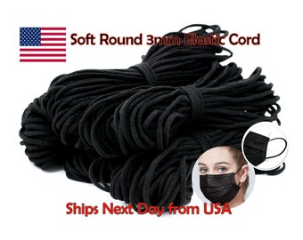 Cavo elastico morbido rotondo da 3 mm per maschera - colore nero - nave veloce dagli Stati Uniti - In magazzino - 1/8 di pollice Earloop Cord